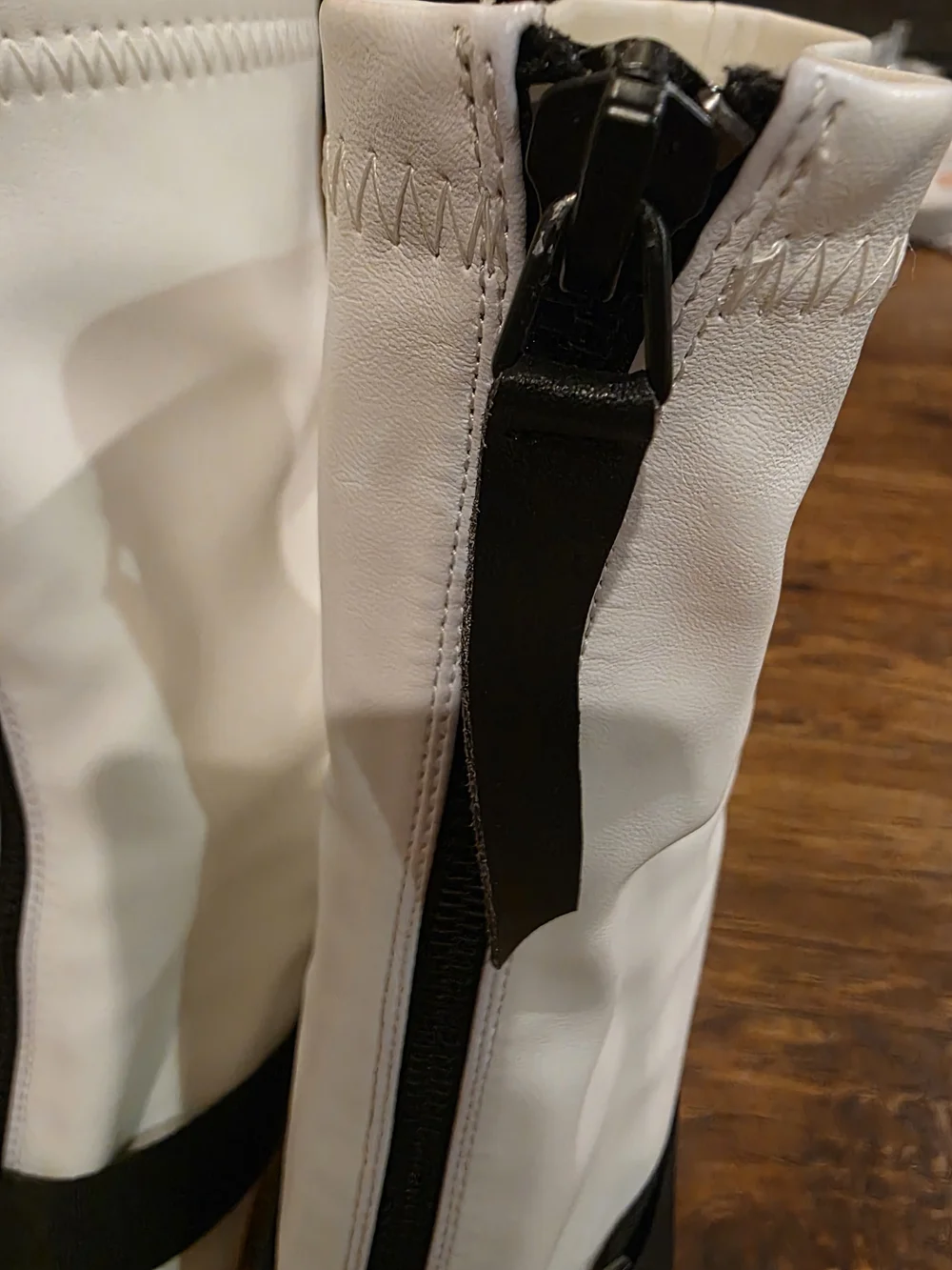 White Platform Ankle Boots with Black Front Zip and Strap